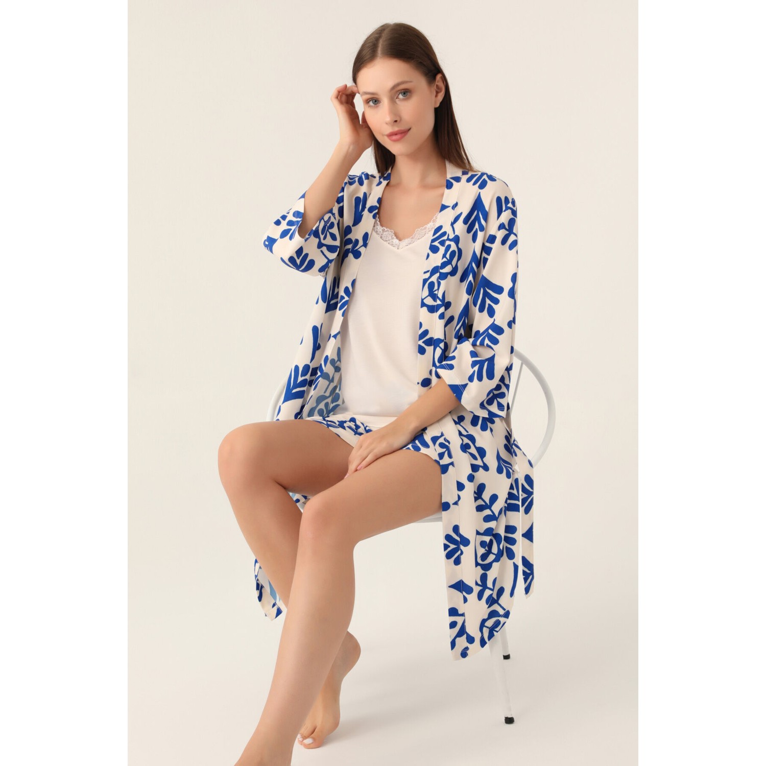 Arnetta Dressing Gown Bej Kadın 3lü Kısa Kol Kısa Kol Pijama Takımı