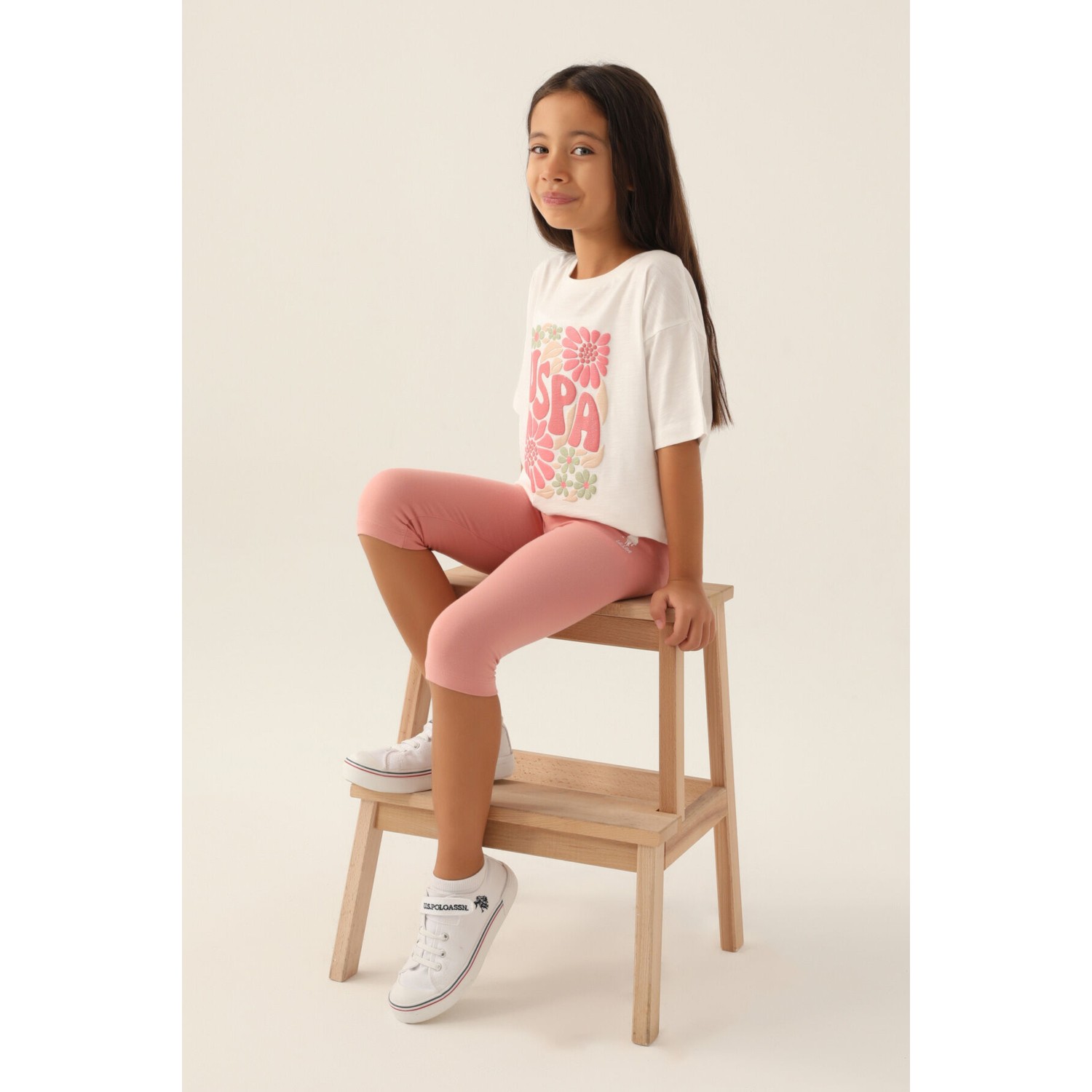 U.S. Polo Assn. Lisanslı Flower Krem Kız Çocuk Kapri Takım