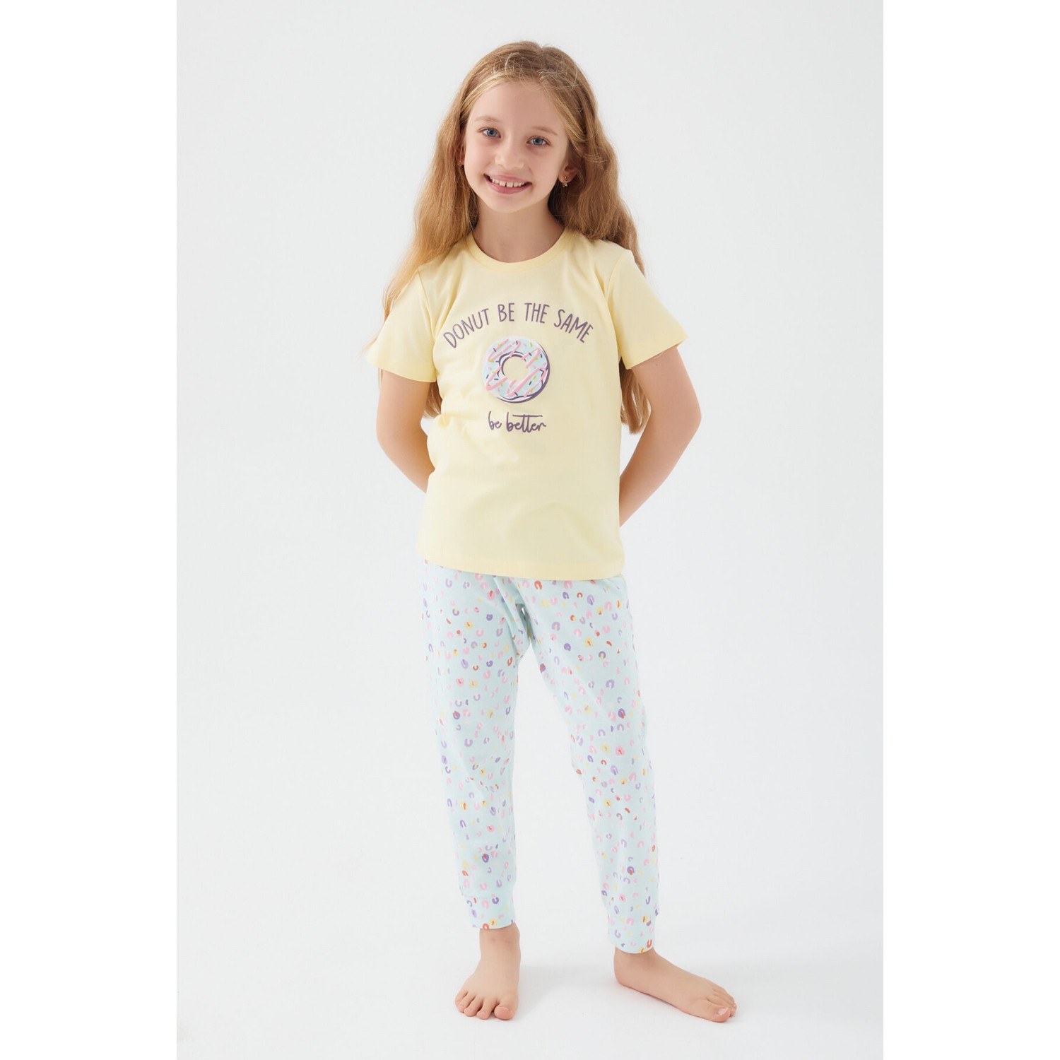 RolyPoly Donut Pattern Açık Sarı Kız Çocuk Kısa Kol Pijama Takım