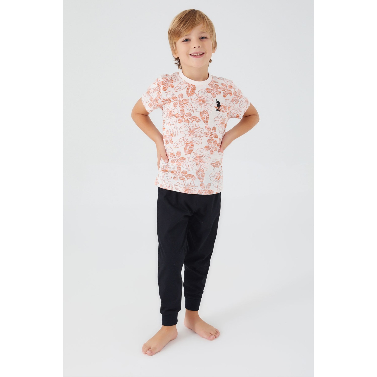 U.S. Polo Assn.  Flowered Beyaz Erkek Çocuk Kısa Kol Pijama Takım