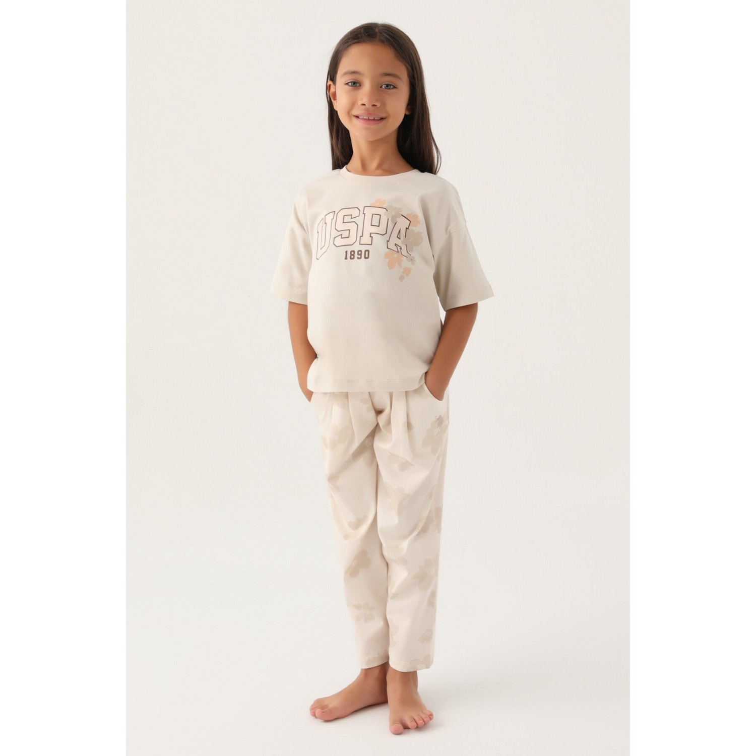 U.S. Polo Assn.  Lisanslı Floral Pattern Bej Kız Çocuk Pijama Takımı