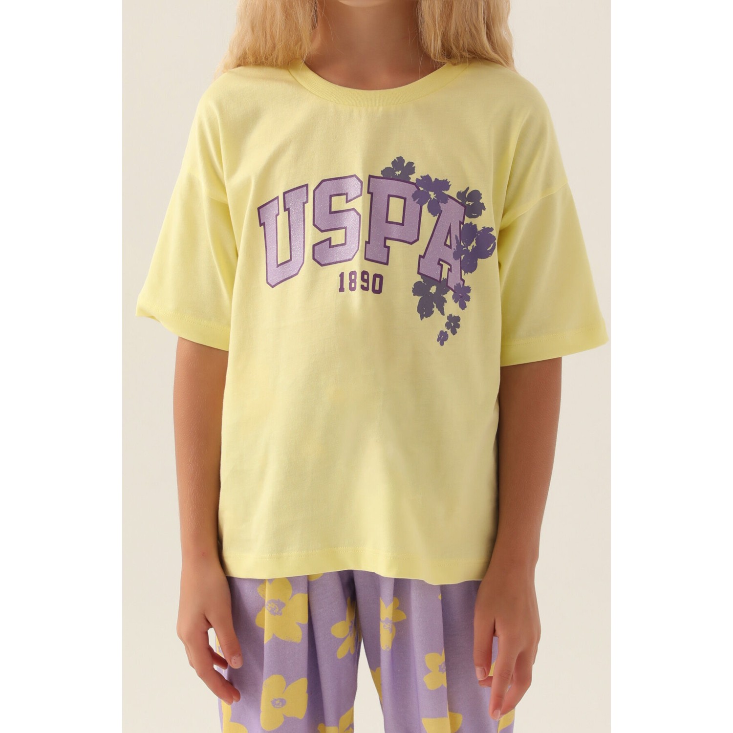 U.S. Polo Assn.  Lisanslı Floral Pattern Bej Kız Çocuk Pijama Takımı