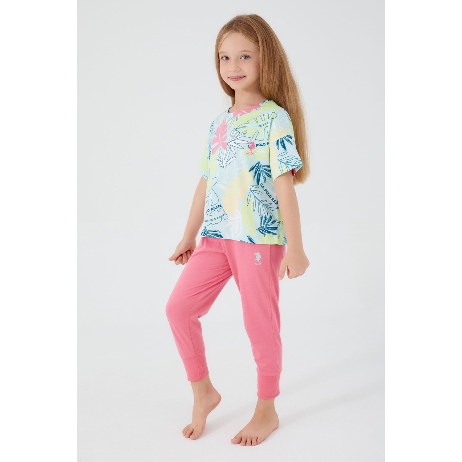 U.S. Polo Assn.  With Leaf Patterns Beyaz Kız Çocuk Kısa Kol Pijama Takım