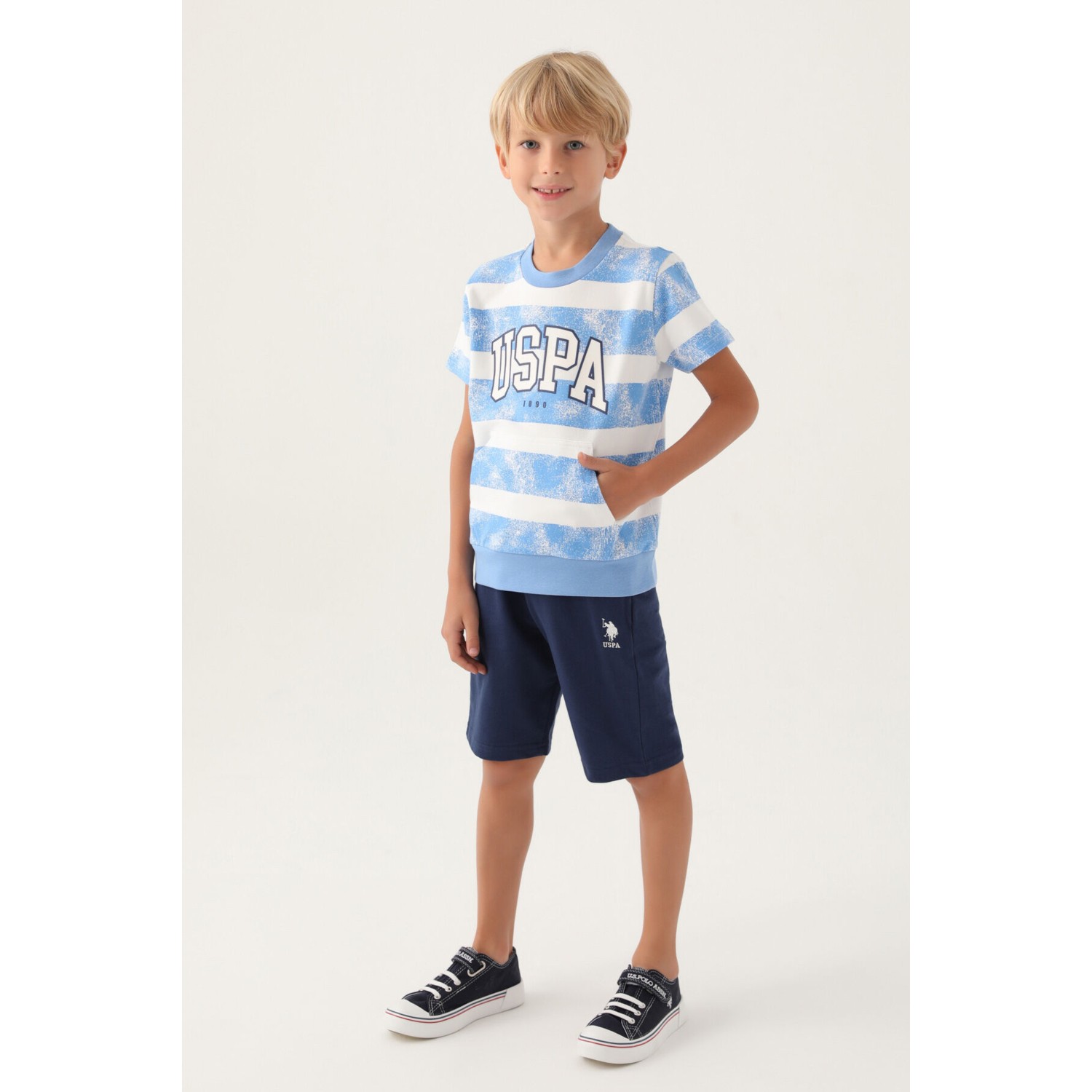 U.S. Polo Assn. Lisanslı Kangaroo Pocket Indigo Erkek Çocuk Bermuda Takım