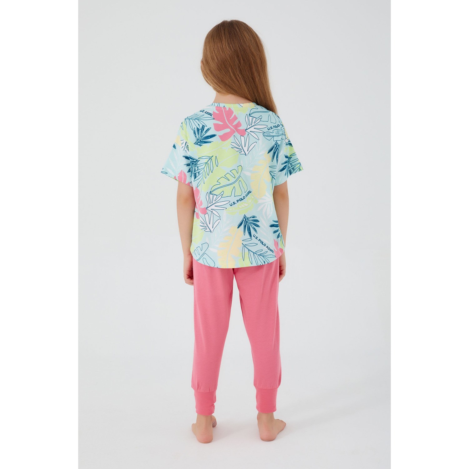 U.S. Polo Assn.  With Leaf Patterns Beyaz Kız Çocuk Kısa Kol Pijama Takım