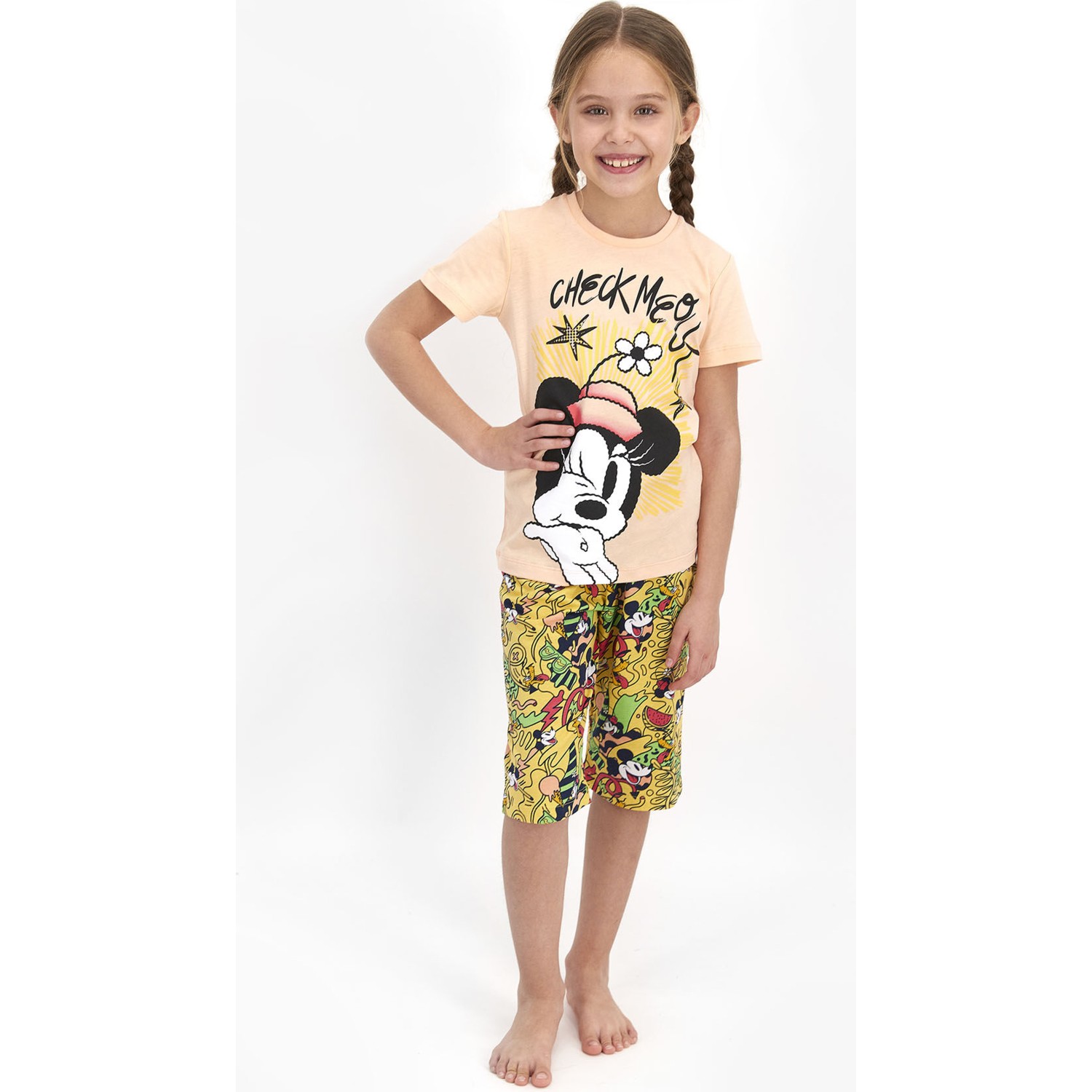 Minnie Mouse Lisanslı Check Me Out Yavruağzı Kız Çocuk Kapri Takımı
