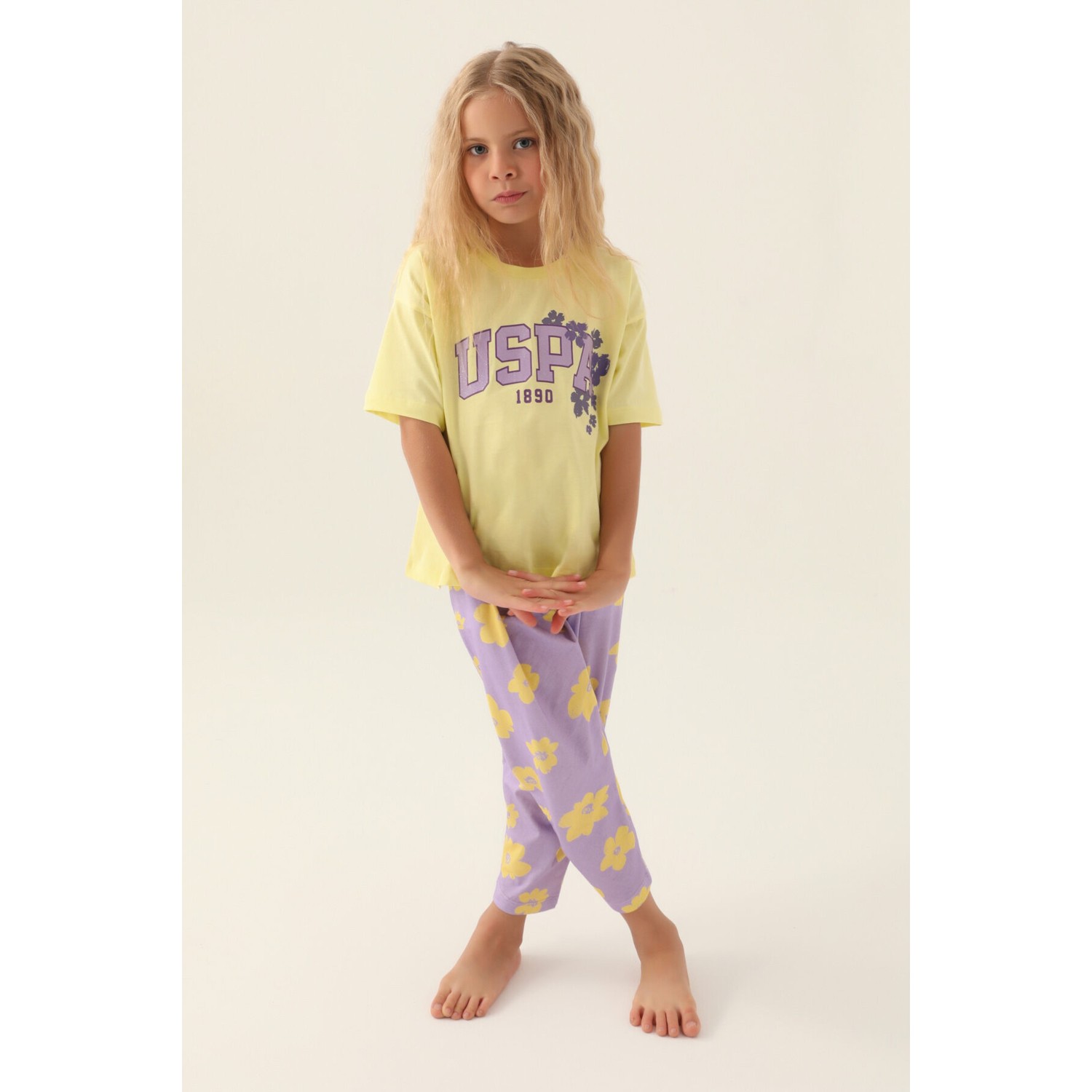 U.S. Polo Assn.  Lisanslı Floral Pattern Bej Kız Çocuk Pijama Takımı