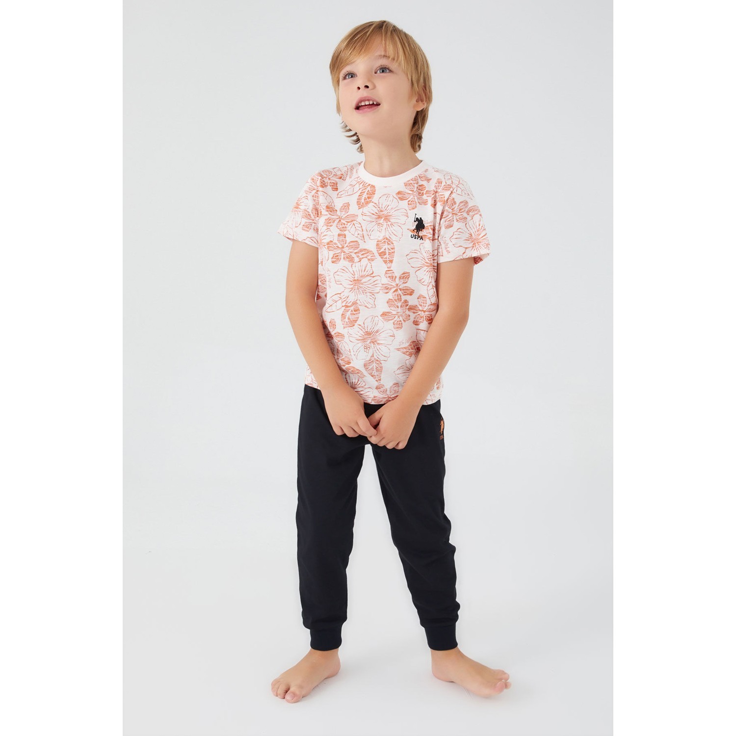 U.S. Polo Assn.  Flowered Beyaz Erkek Çocuk Kısa Kol Pijama Takım