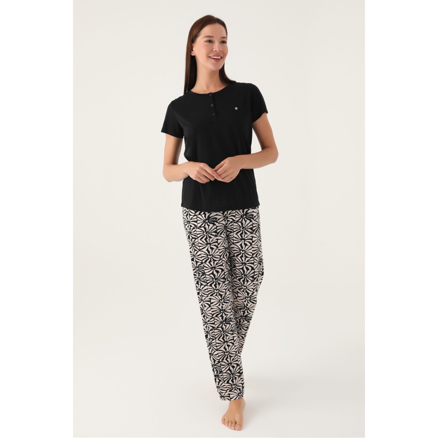 Pierre Cardin Buttoned Siyah Kadın Kısa Kol Pijama Takımı