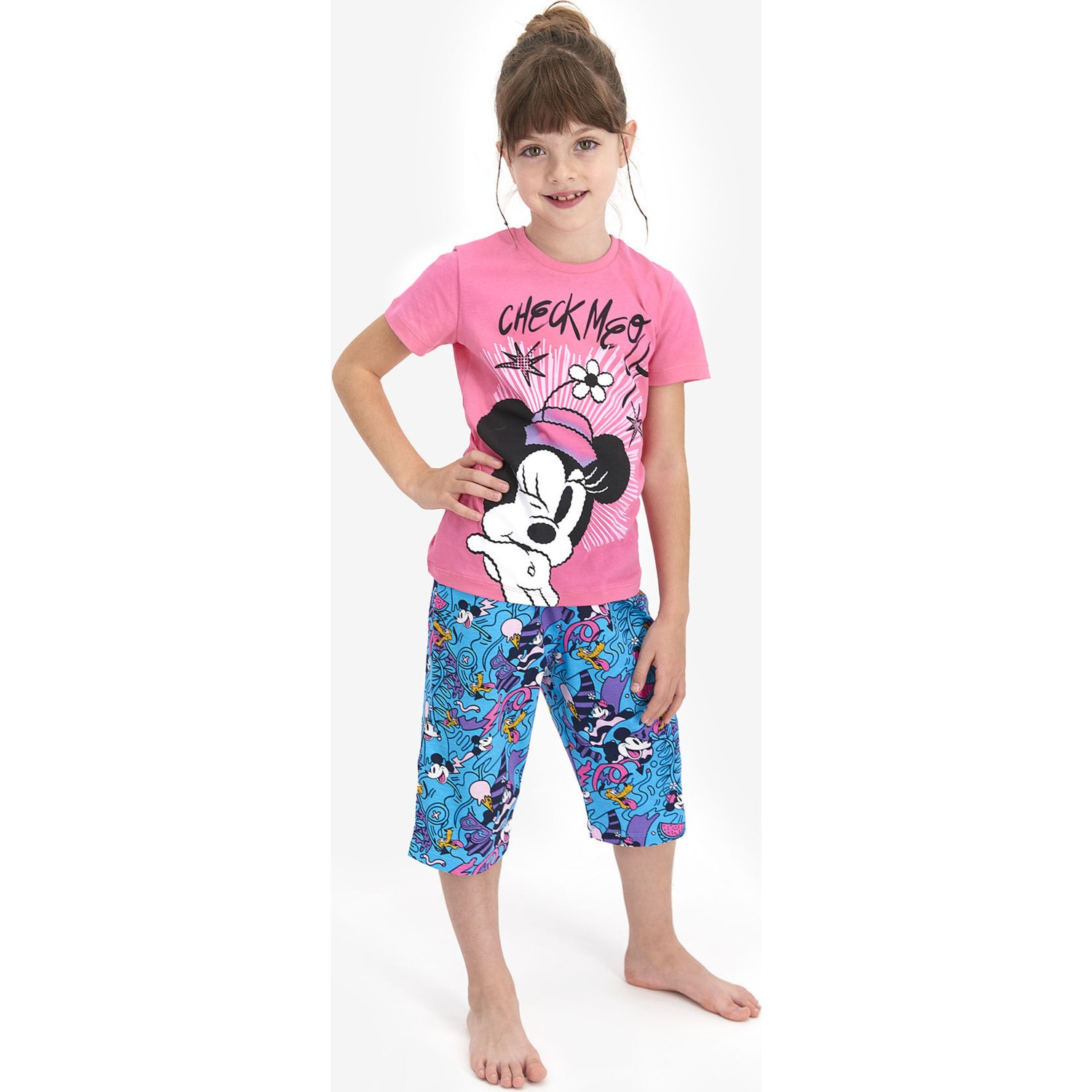 Minnie Mouse Lisanslı Check Me Out Pembe Kız Çocuk Kapri Takımı