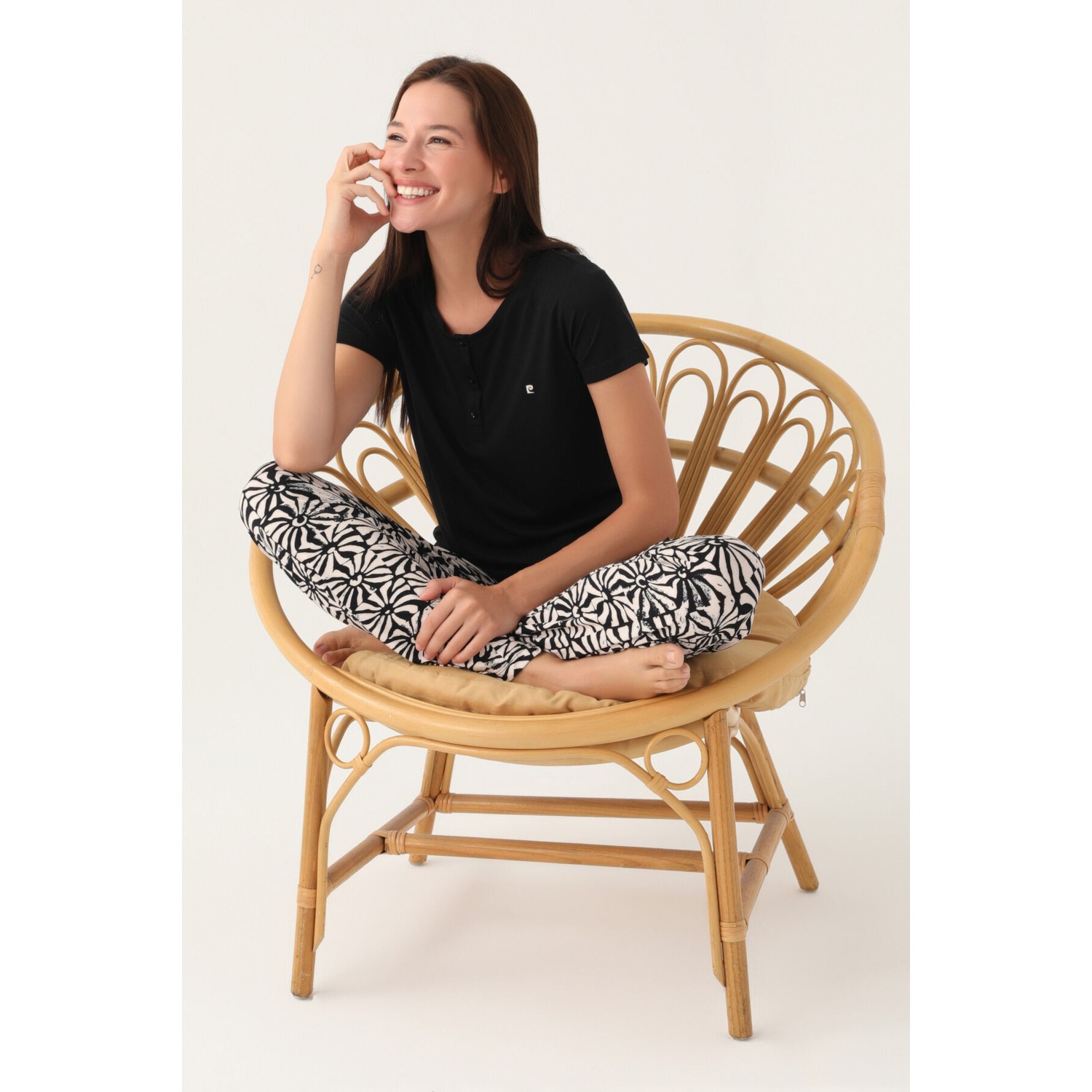 Pierre Cardin Buttoned Siyah Kadın Kısa Kol Pijama Takımı