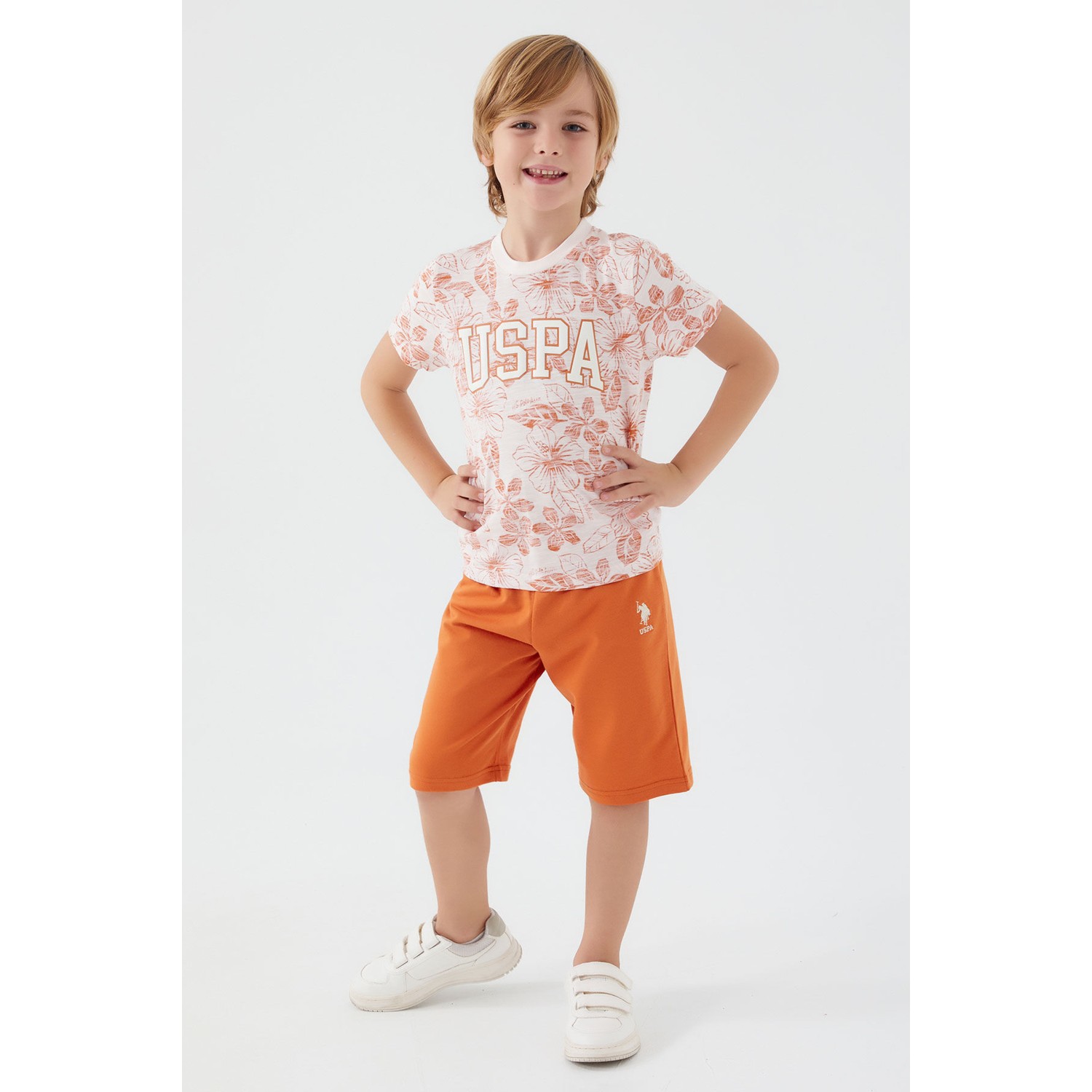 U.S. Polo Assn. Flowered Details Bej Erkek Çocuk Bermuda Takım