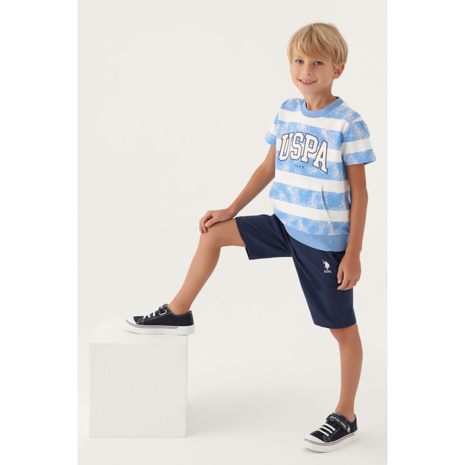 U.S. Polo Assn. Lisanslı Kangaroo Pocket Indigo Erkek Çocuk Bermuda Takım