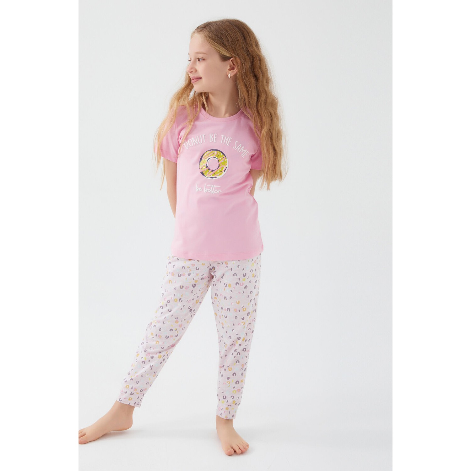 RolyPoly Donut Pattern Açık Sarı Kız Çocuk Kısa Kol Pijama Takım