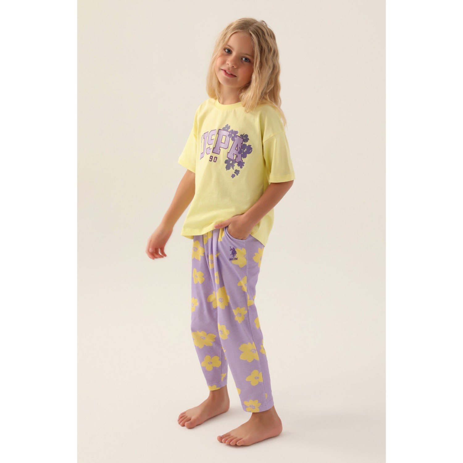 U.S. Polo Assn.  Lisanslı Floral Pattern Bej Kız Çocuk Pijama Takımı
