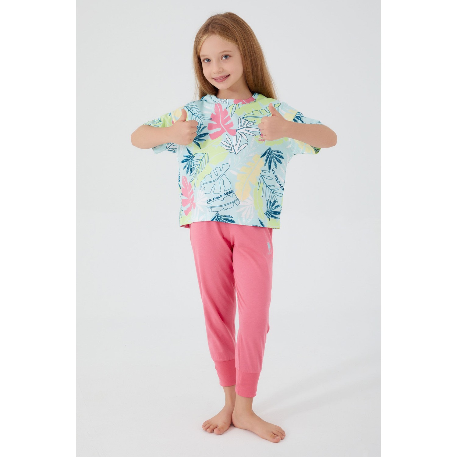 U.S. Polo Assn.  With Leaf Patterns Beyaz Kız Çocuk Kısa Kol Pijama Takım