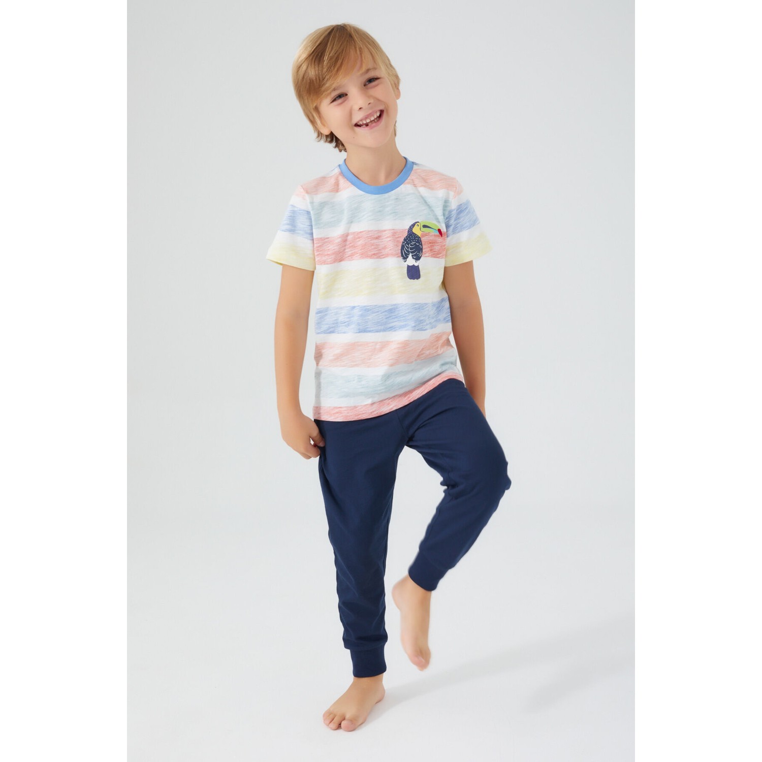 RolyPoly Bird Pattern Krem Erkek Çocuk Kısa Kol Pijama Takım
