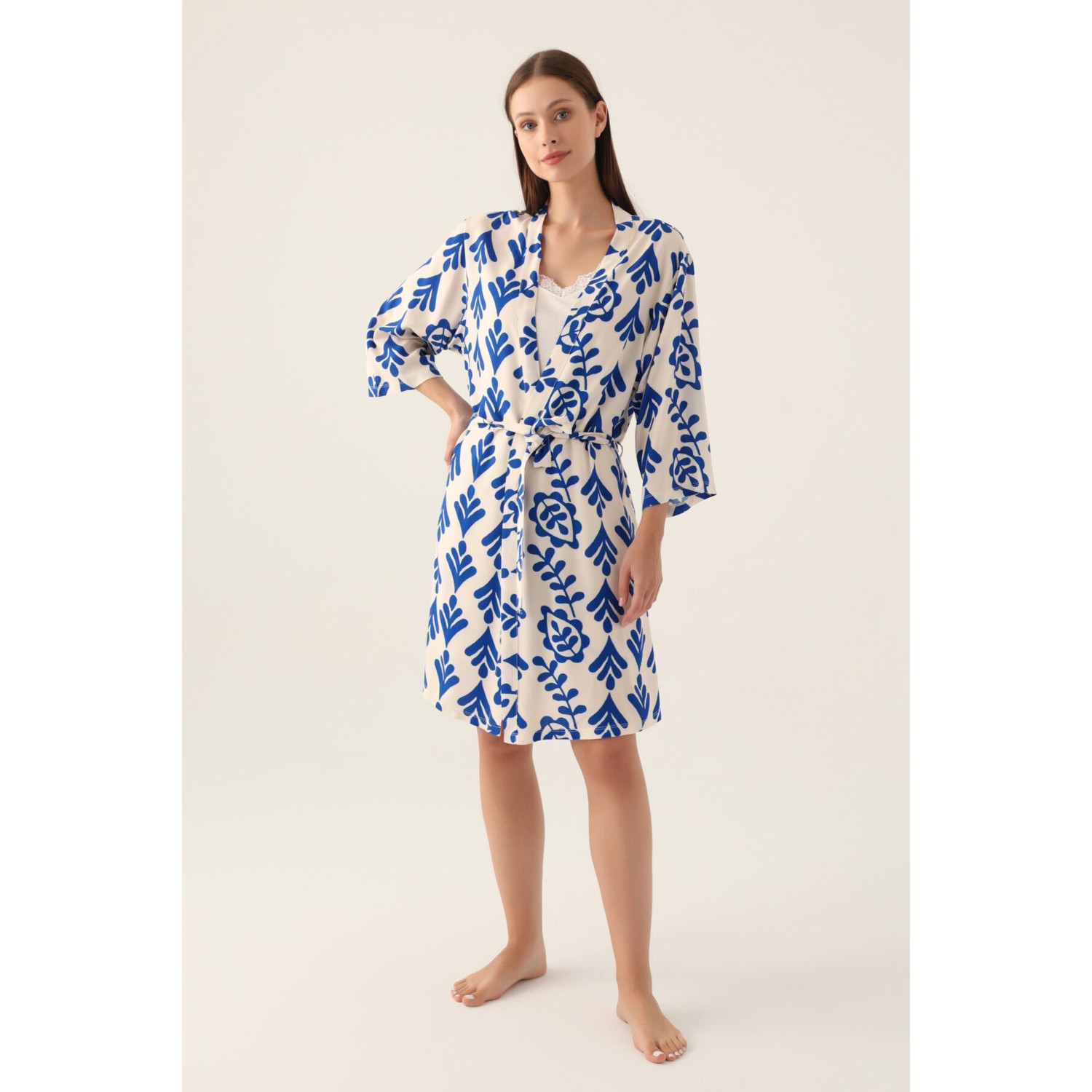 Arnetta Dressing Gown Bej Kadın 3lü Kısa Kol Kısa Kol Pijama Takımı