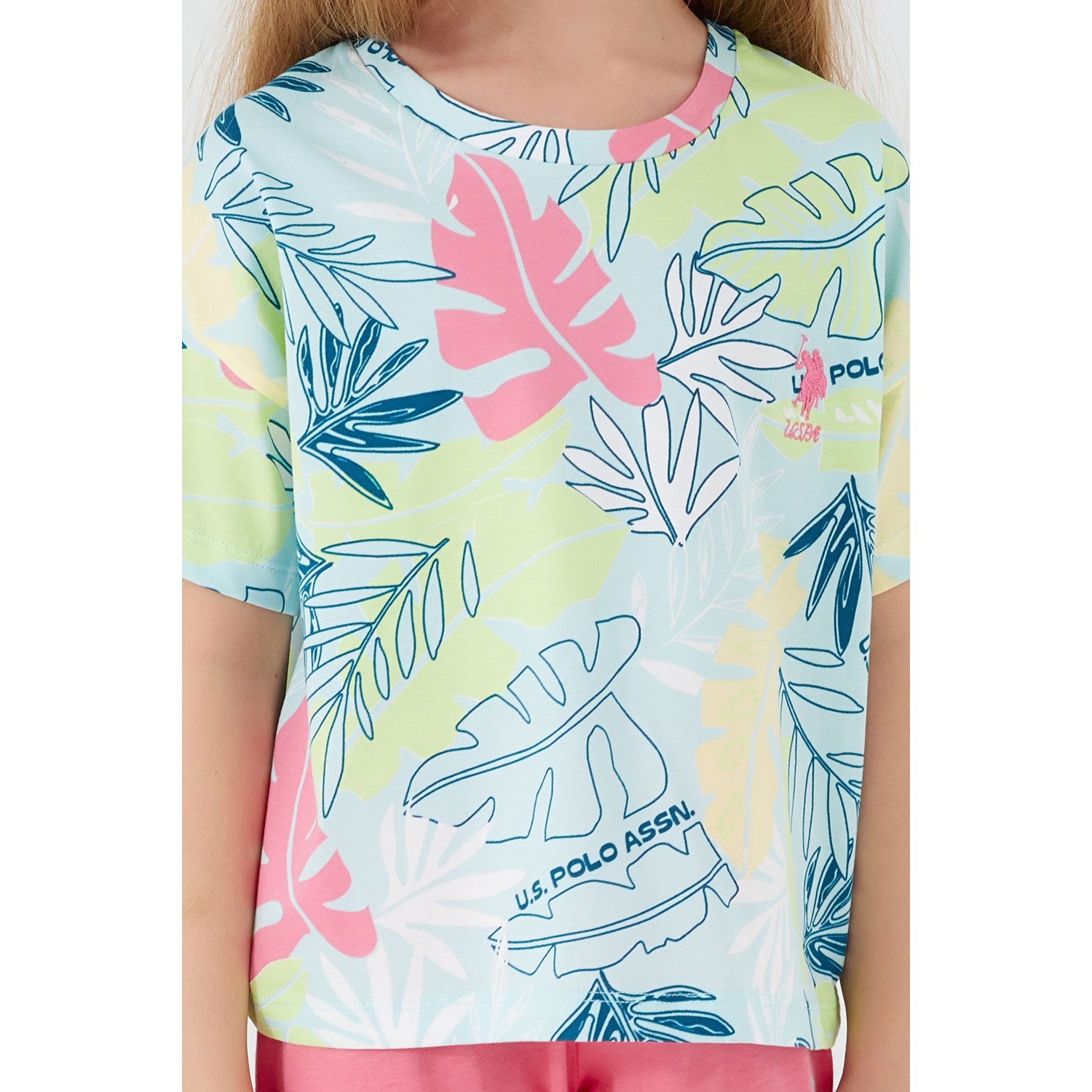 U.S. Polo Assn.  With Leaf Patterns Beyaz Kız Çocuk Kısa Kol Pijama Takım