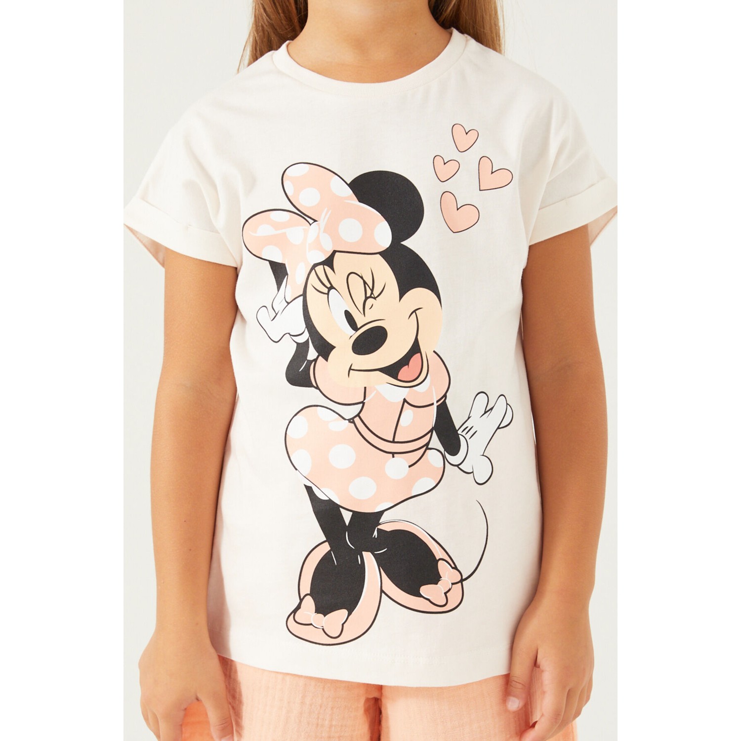 Minnie Mouse Pink Hearts Beyaz Kız Çocuk Şort Takım