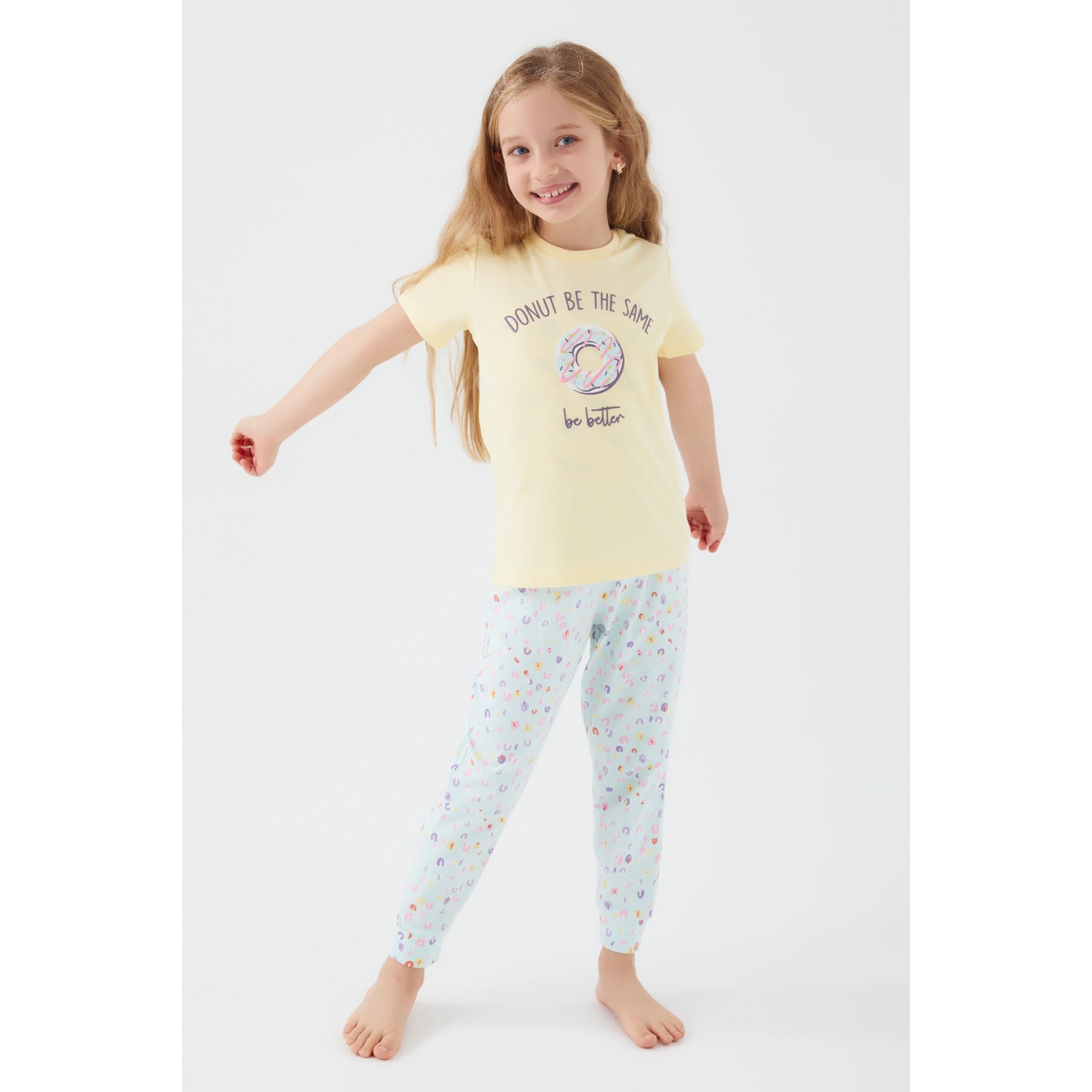 RolyPoly Donut Pattern Açık Sarı Kız Çocuk Kısa Kol Pijama Takım