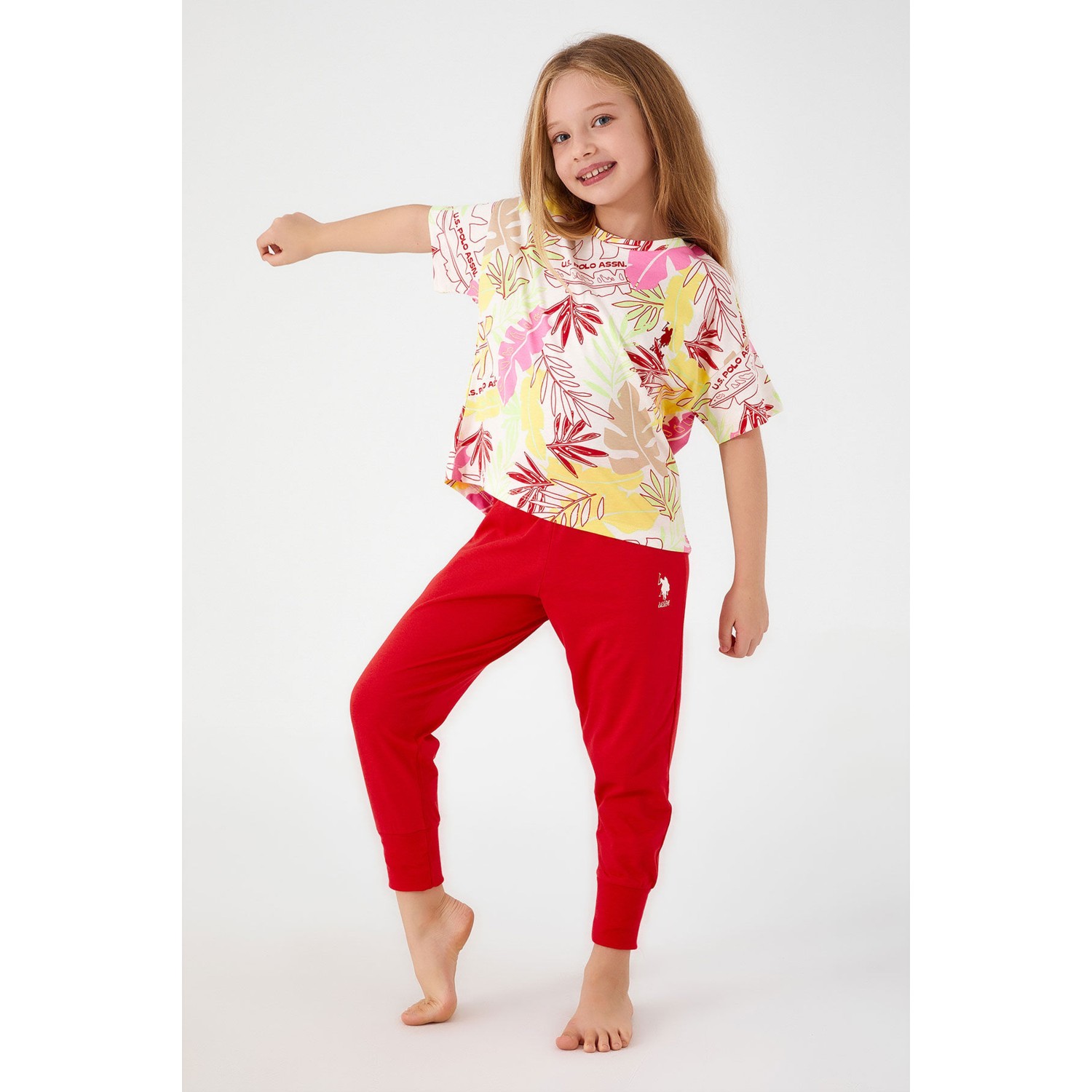 U.S. Polo Assn.  With Leaf Patterns Beyaz Kız Çocuk Kısa Kol Pijama Takım
