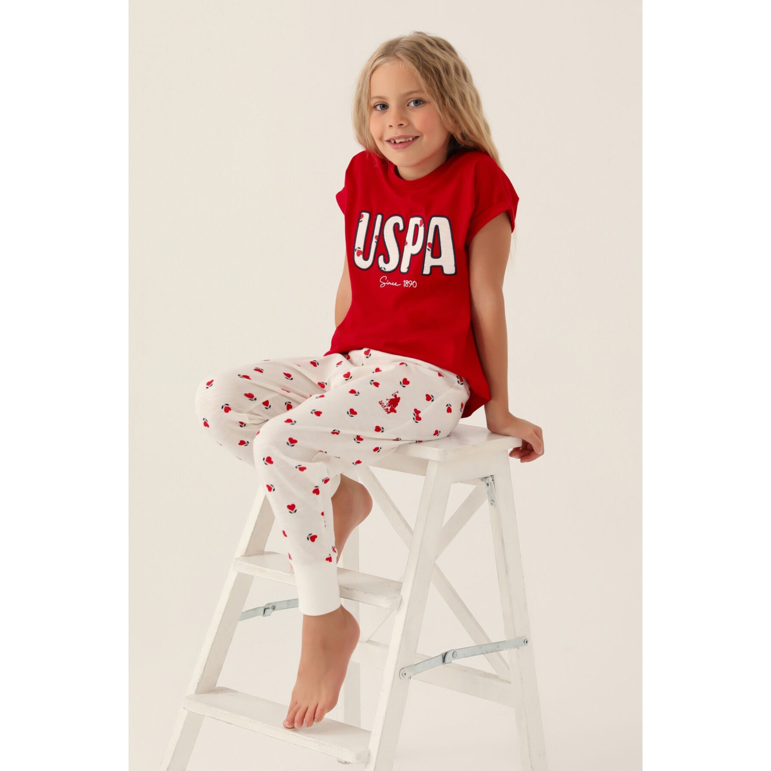 U.S. Polo Assn.  Lisanslı Text Printed Kırmızı Kız Çocuk Pijama Takımı